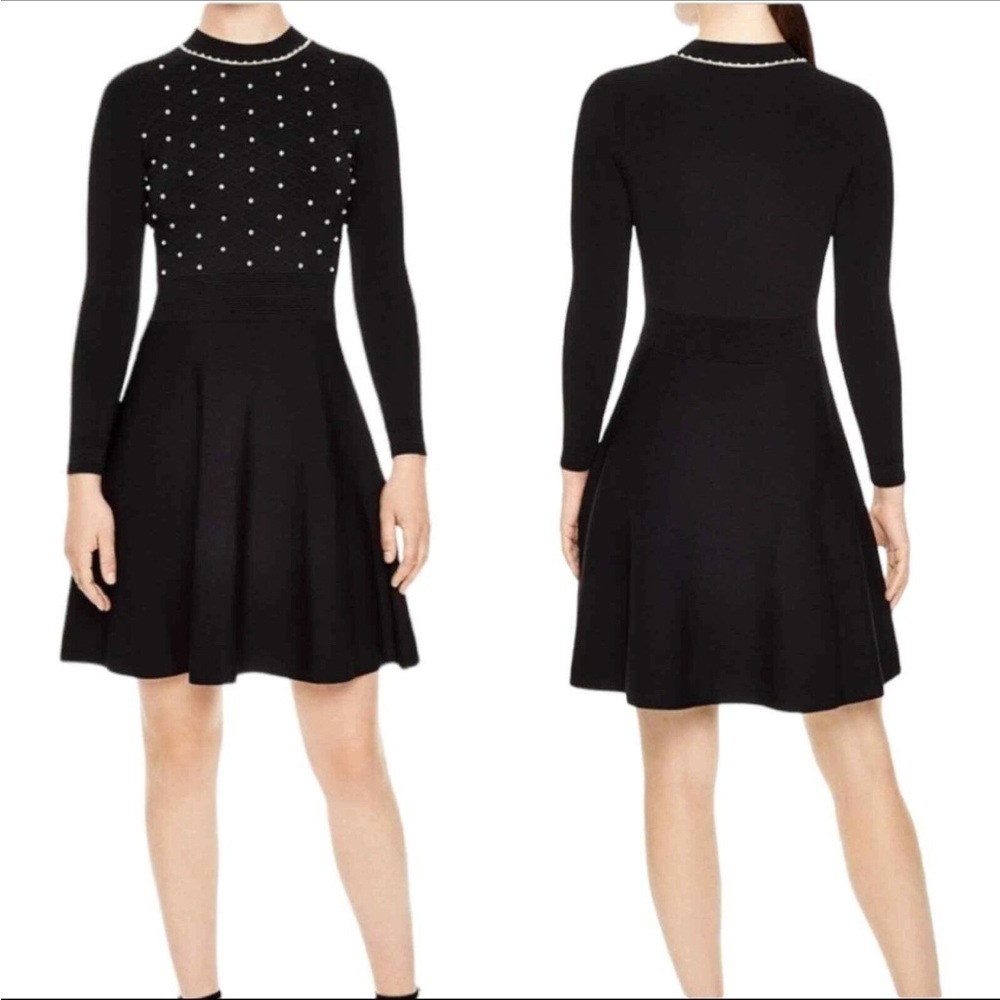 Sandro Paris Vanessa Black Pearl Embellished Fit & Flare Dress Noir Knit S FR3 @